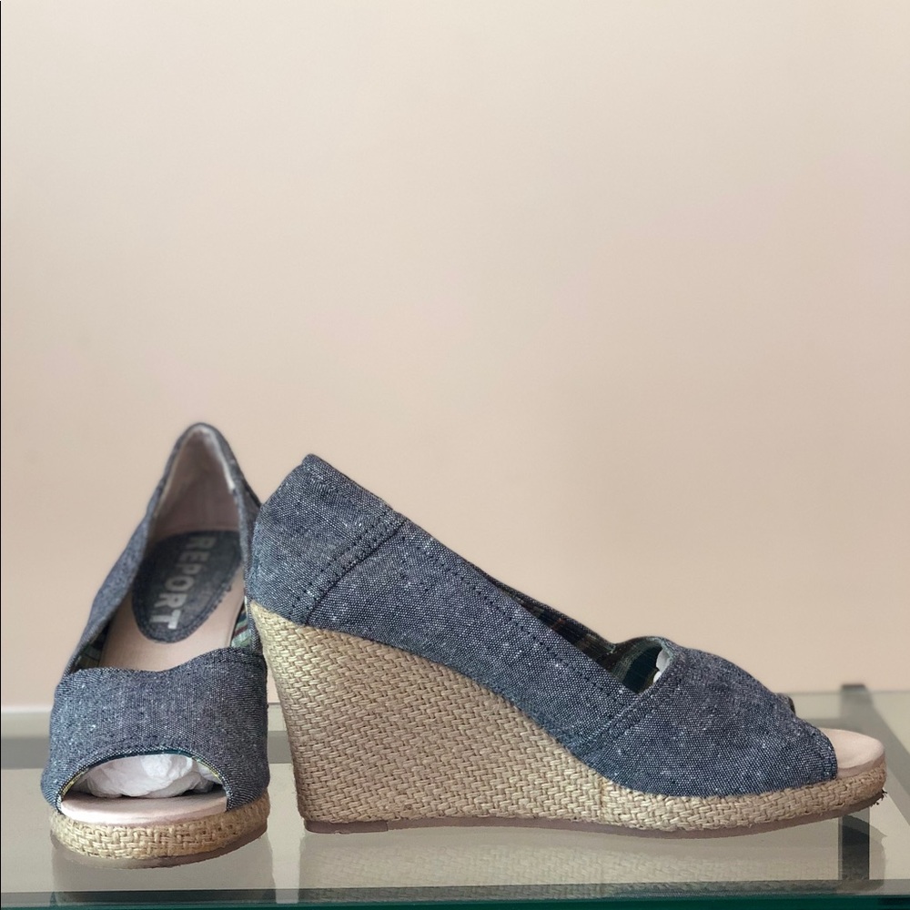 Report denim espadrille wedges.